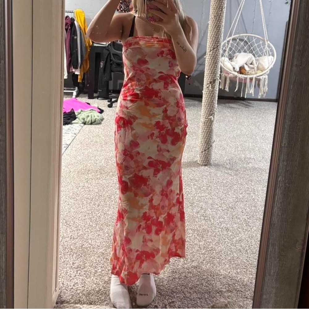 SHEIN Strapless Floral Dress in Red and Orange